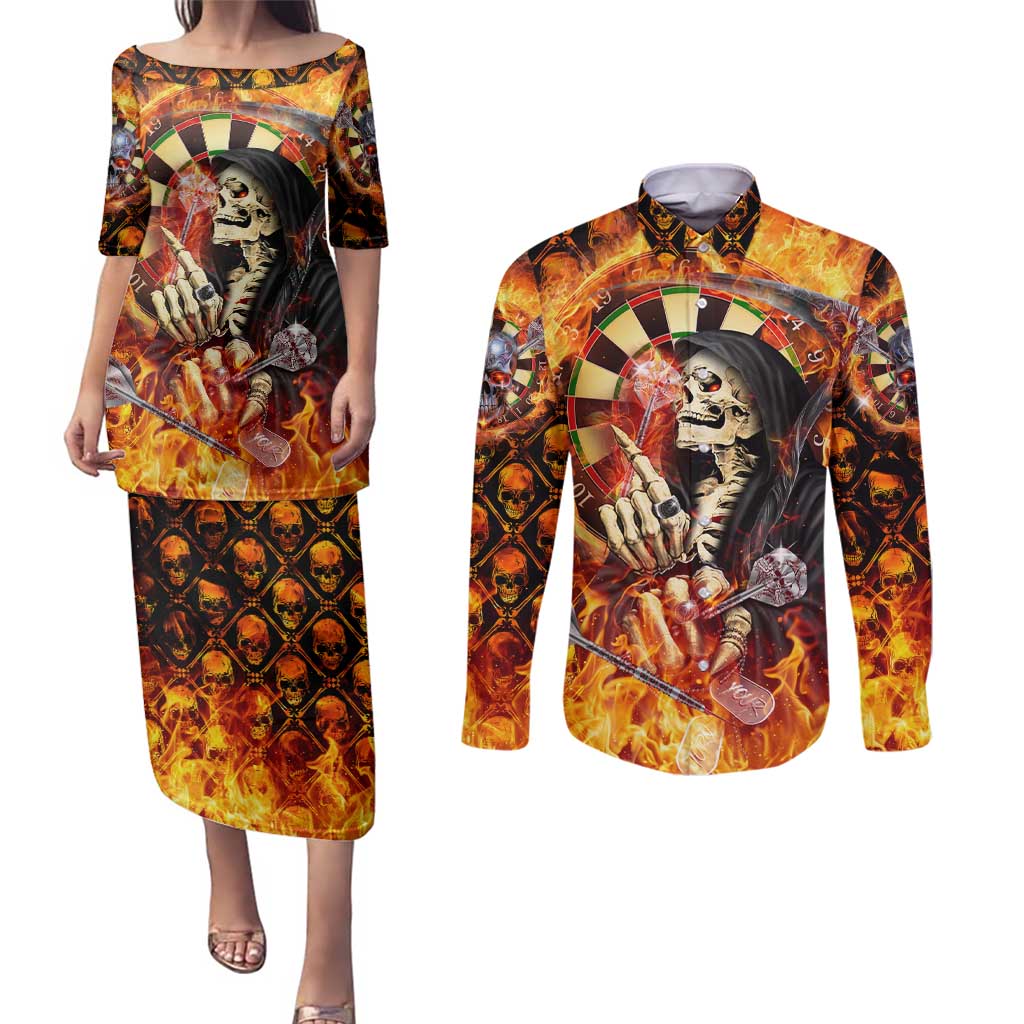 Personalised Skull Darts Couples Matching Puletasi and Long Sleeve Button Shirt Death In Fire