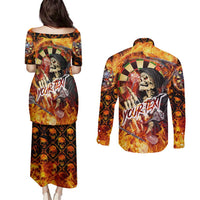 Personalised Skull Darts Couples Matching Puletasi and Long Sleeve Button Shirt Death In Fire