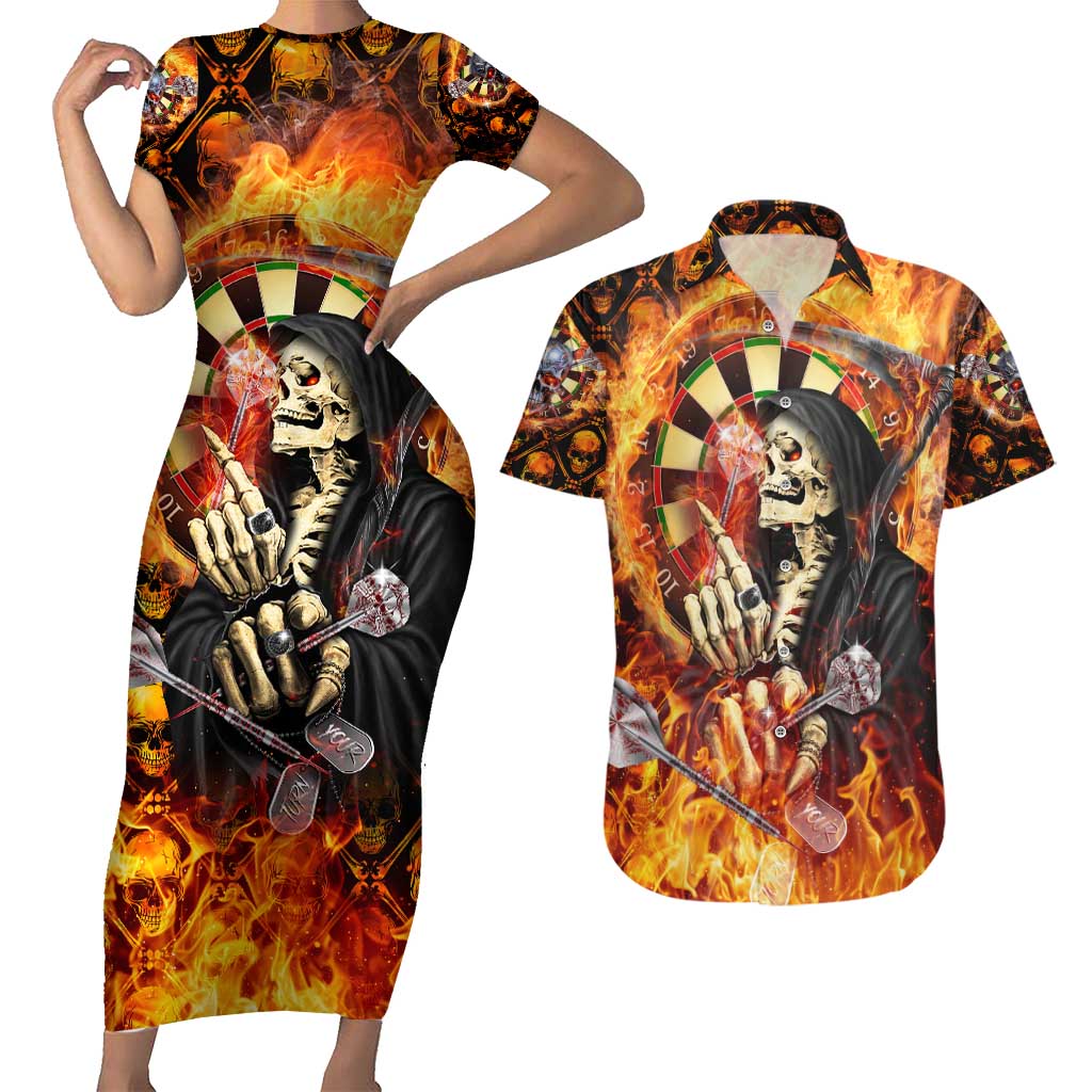 Personalised Skull Darts Couples Matching Short Sleeve Bodycon Dress and Hawaiian Shirt Death In Fire