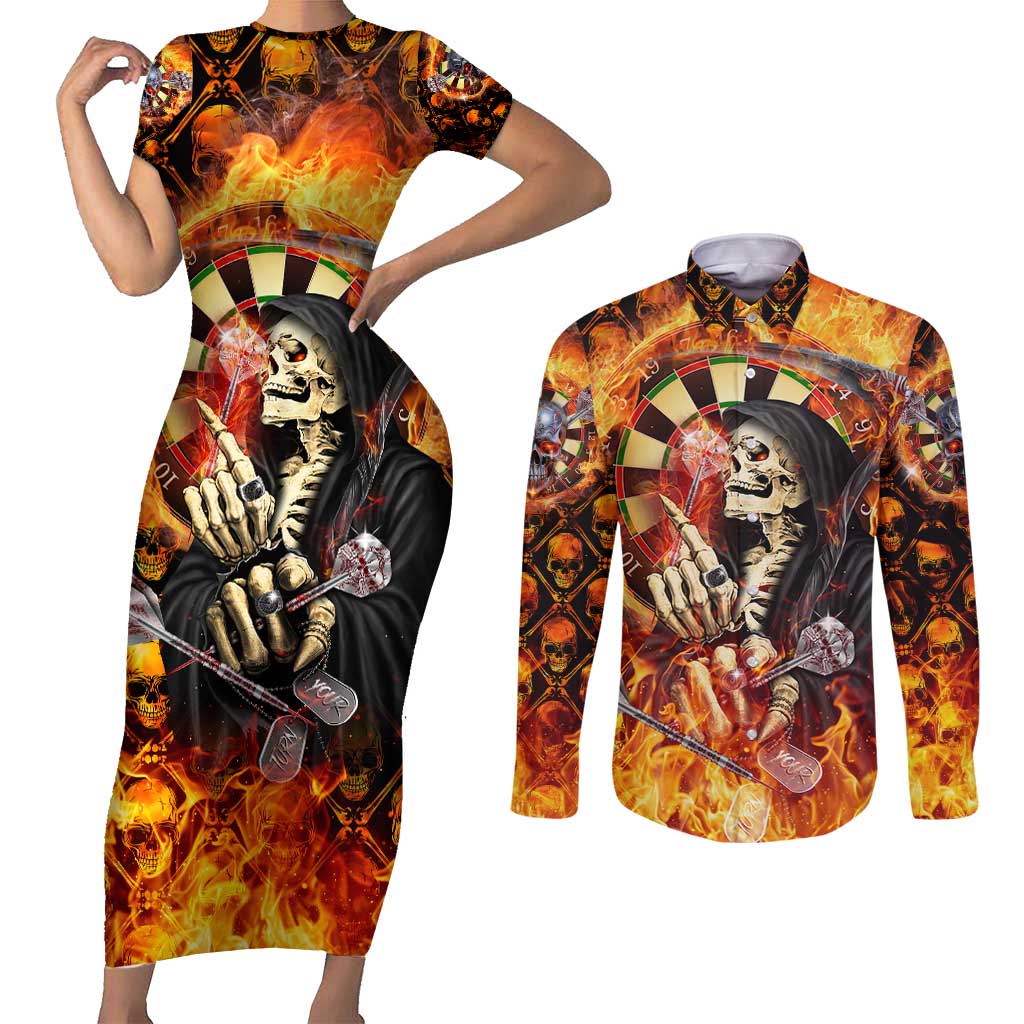 Personalised Skull Darts Couples Matching Short Sleeve Bodycon Dress and Long Sleeve Button Shirt Death In Fire
