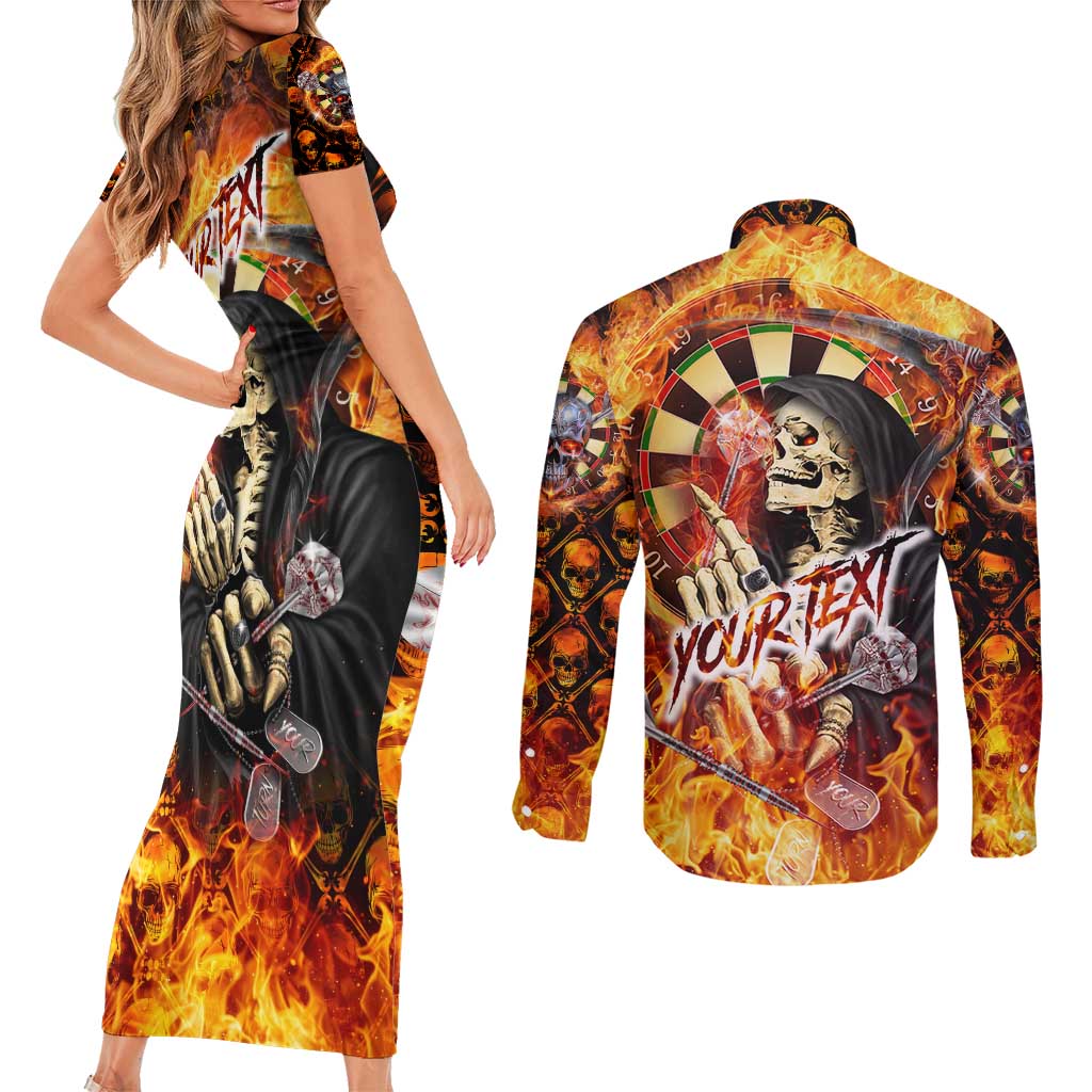 Personalised Skull Darts Couples Matching Short Sleeve Bodycon Dress and Long Sleeve Button Shirt Death In Fire