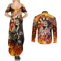 Personalised Skull Darts Couples Matching Summer Maxi Dress and Long Sleeve Button Shirt Death In Fire