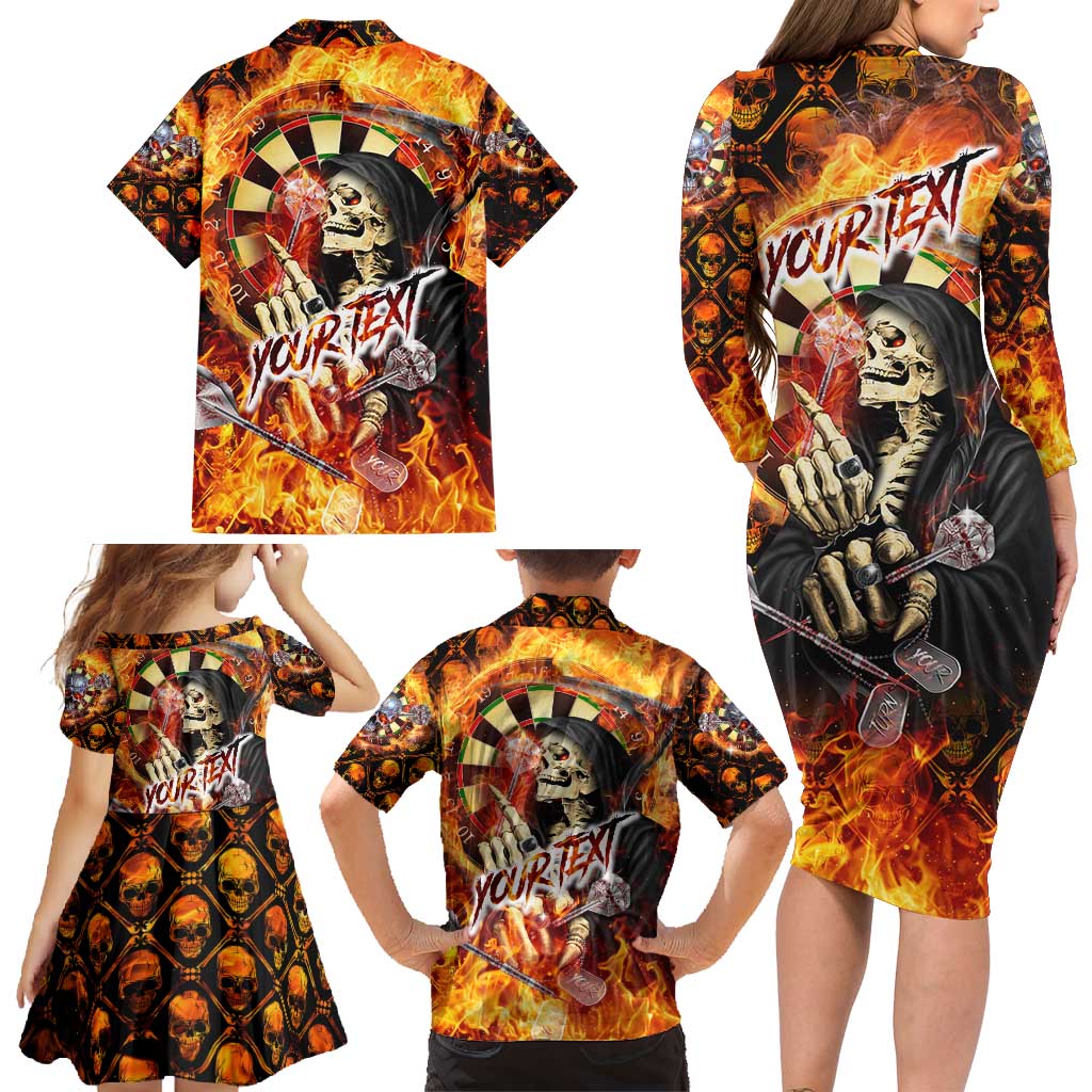 Personalised Skull Darts Family Matching Long Sleeve Bodycon Dress and Hawaiian Shirt Death In Fire