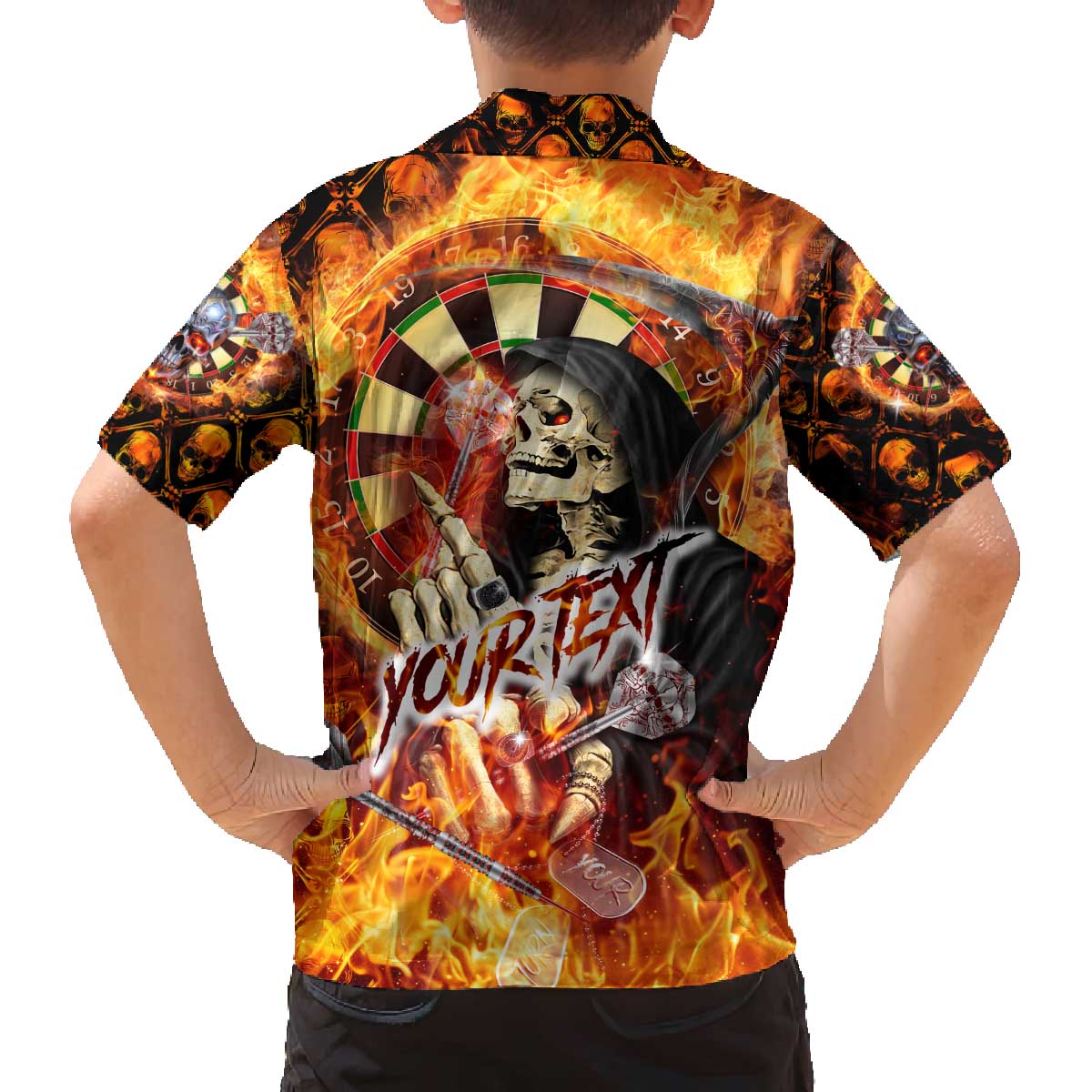 Personalised Skull Darts Family Matching Off The Shoulder Long Sleeve Dress and Hawaiian Shirt Death In Fire