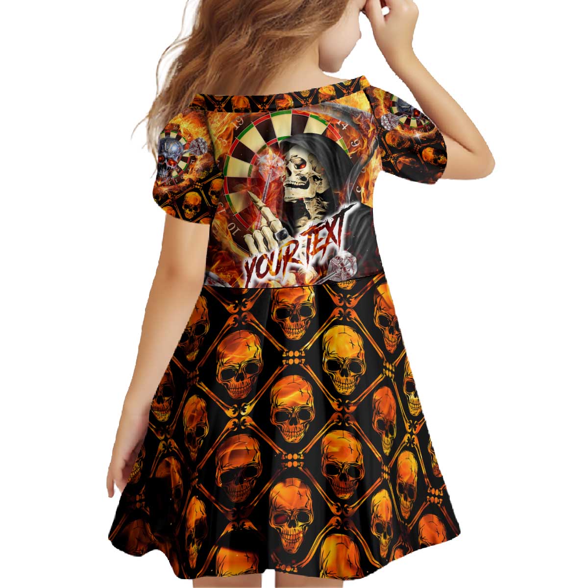 Personalised Skull Darts Family Matching Off The Shoulder Long Sleeve Dress and Hawaiian Shirt Death In Fire