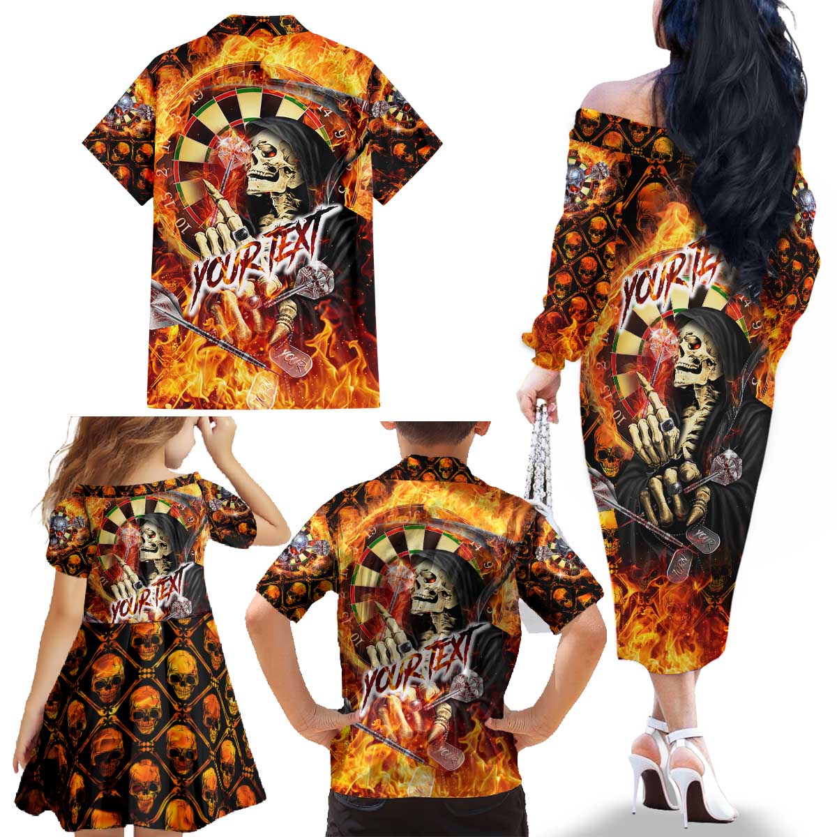 Personalised Skull Darts Family Matching Off The Shoulder Long Sleeve Dress and Hawaiian Shirt Death In Fire