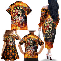 Personalised Skull Darts Family Matching Off The Shoulder Long Sleeve Dress and Hawaiian Shirt Death In Fire