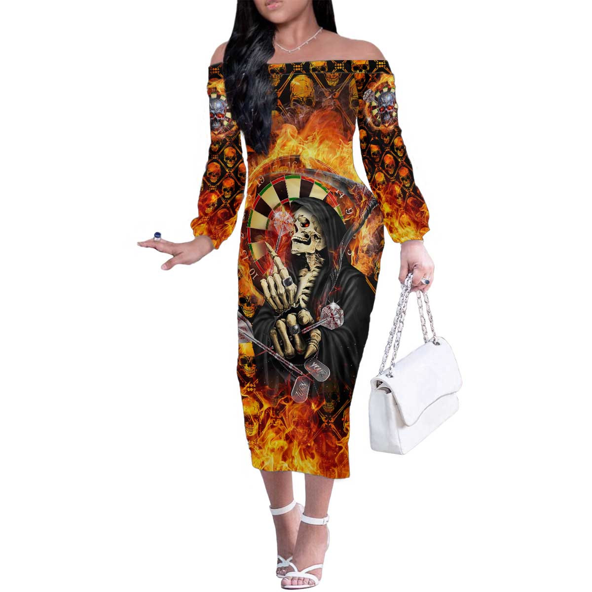 Personalised Skull Darts Family Matching Off The Shoulder Long Sleeve Dress and Hawaiian Shirt Death In Fire