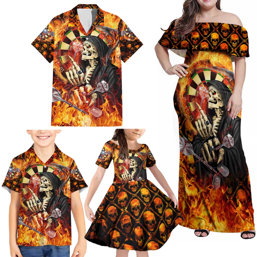 Personalised Skull Darts Family Matching Off Shoulder Maxi Dress and Hawaiian Shirt Death In Fire