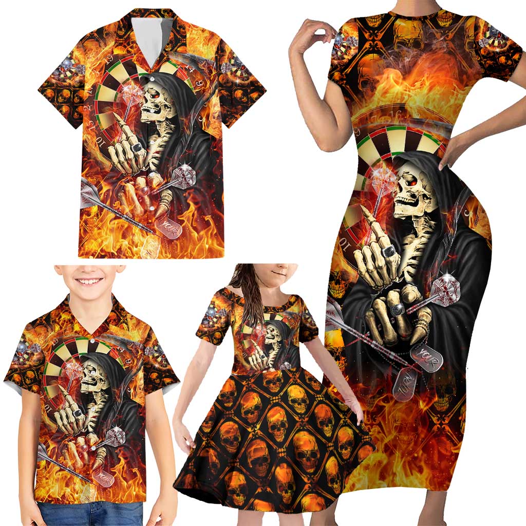 Personalised Skull Darts Family Matching Short Sleeve Bodycon Dress and Hawaiian Shirt Death In Fire