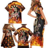 Personalised Skull Darts Family Matching Short Sleeve Bodycon Dress and Hawaiian Shirt Death In Fire