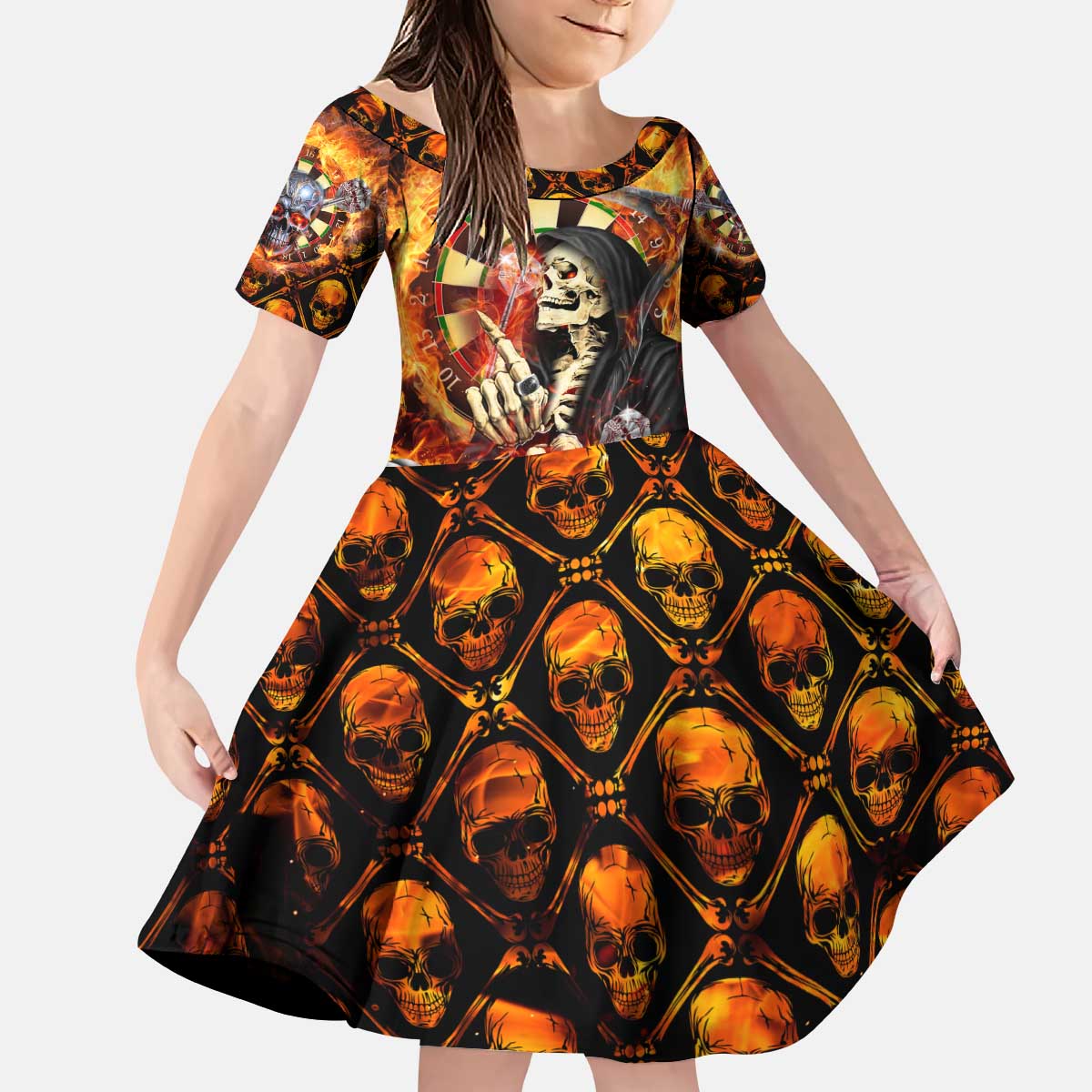 Personalised Skull Darts Kid Short Sleeve Dress Death In Fire