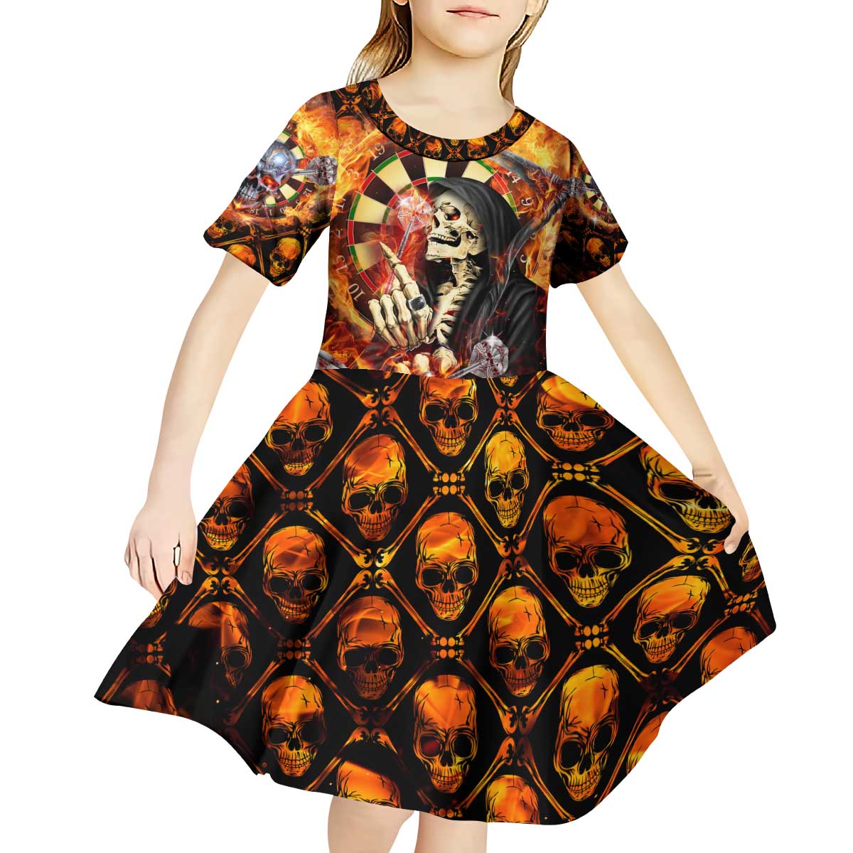 Personalised Skull Darts Kid Short Sleeve Dress Death In Fire