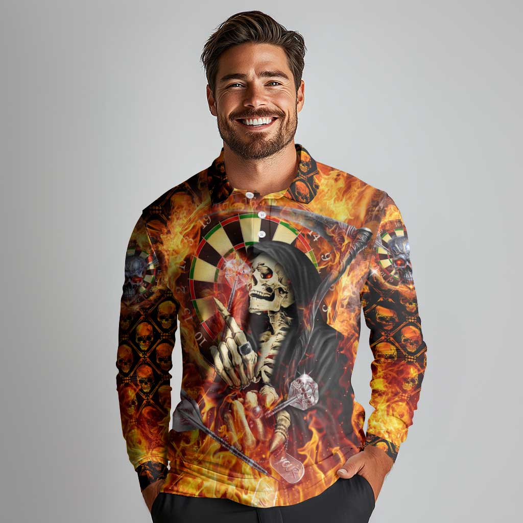 Personalised Skull Darts Long Sleeve Polo Shirt Death In Fire