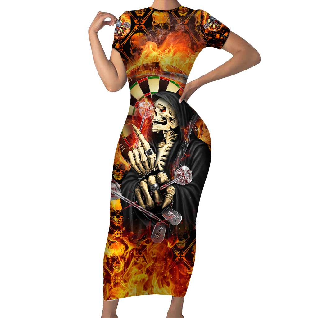 Personalised Skull Darts Short Sleeve Bodycon Dress Death In Fire