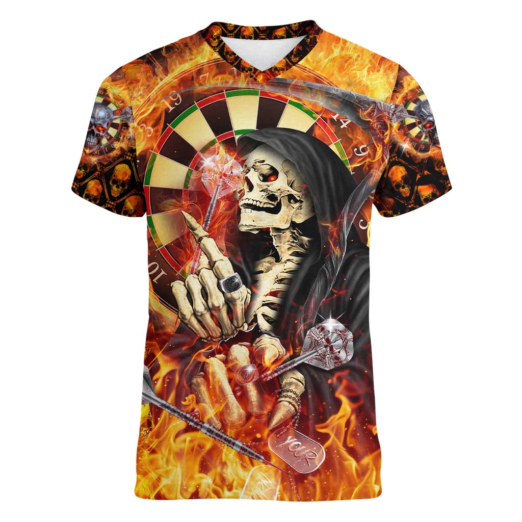 Personalised Skull Darts Women V-Neck T-Shirt Death In Fire