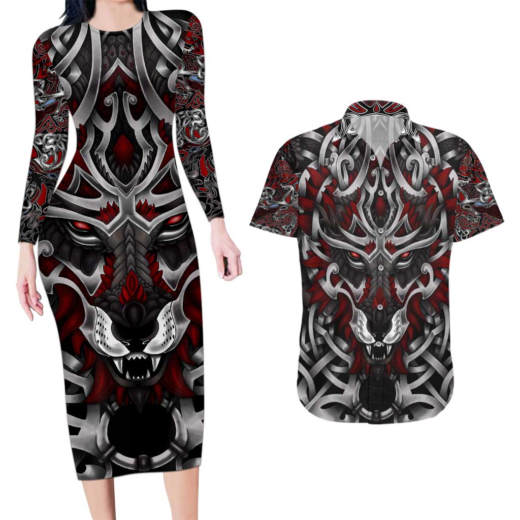 Celtic Wolf Fenrir Vikings Couples Matching Long Sleeve Bodycon Dress and Hawaiian Shirt Norse Mythology - Wonder Print Shop