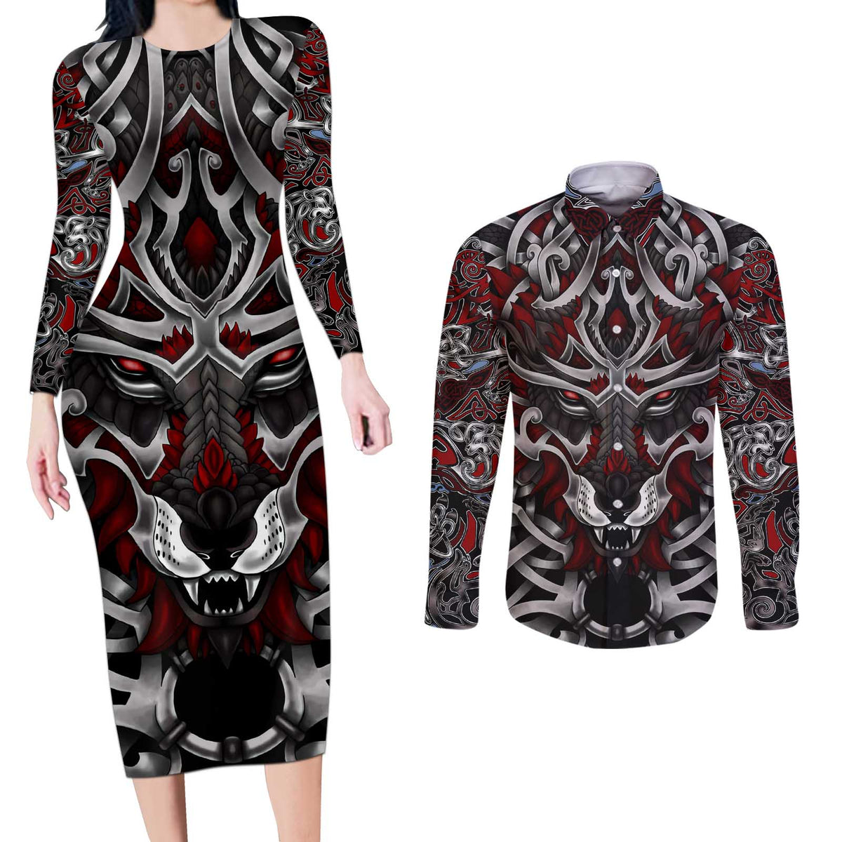 Celtic Wolf Fenrir Vikings Couples Matching Long Sleeve Bodycon Dress and Long Sleeve Button Shirt Norse Mythology - Wonder Print Shop