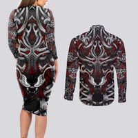 Celtic Wolf Fenrir Vikings Couples Matching Long Sleeve Bodycon Dress and Long Sleeve Button Shirt Norse Mythology - Wonder Print Shop