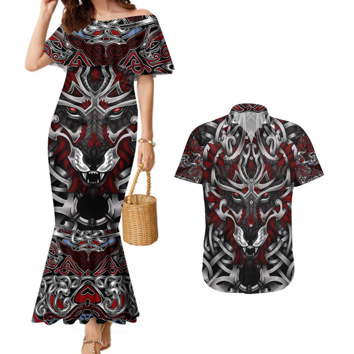 Celtic Wolf Fenrir Vikings Couples Matching Mermaid Dress and Hawaiian Shirt Norse Mythology - Wonder Print Shop