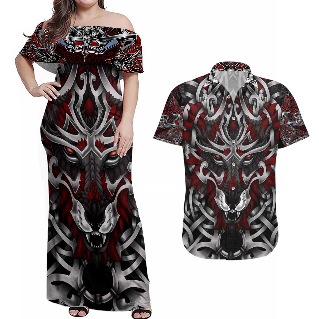Celtic Wolf Fenrir Vikings Couples Matching Off Shoulder Maxi Dress and Hawaiian Shirt Norse Mythology - Wonder Print Shop