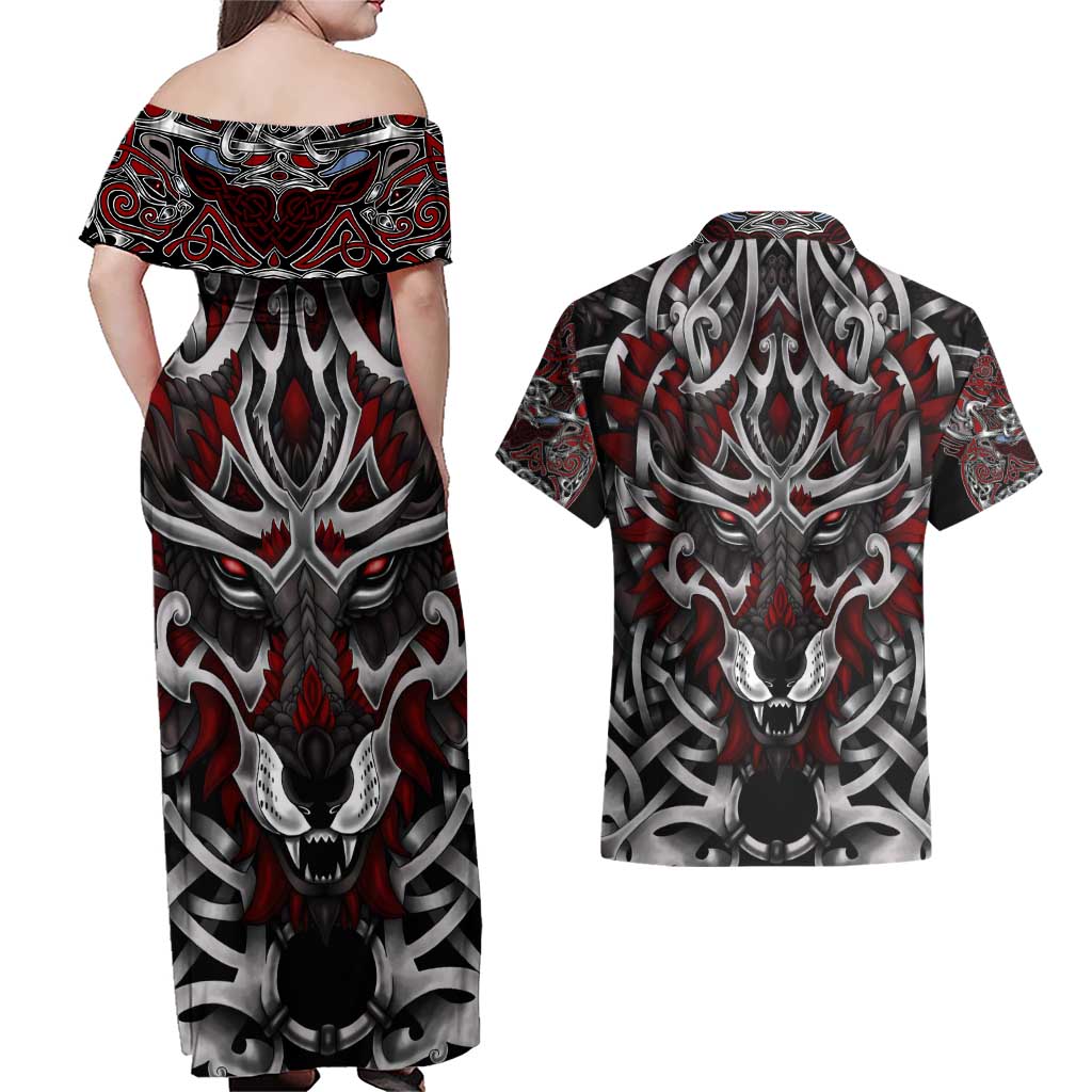 Celtic Wolf Fenrir Vikings Couples Matching Off Shoulder Maxi Dress and Hawaiian Shirt Norse Mythology - Wonder Print Shop