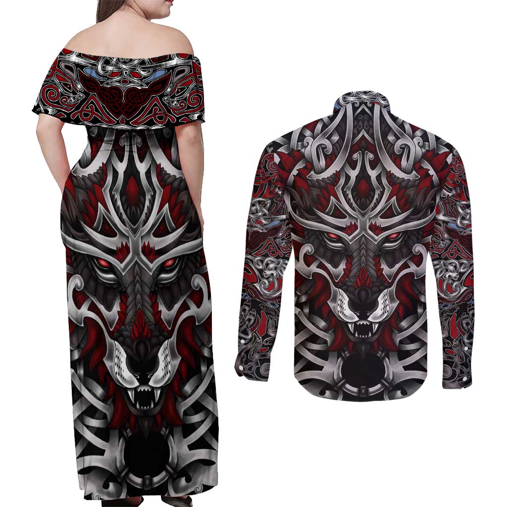 Celtic Wolf Fenrir Vikings Couples Matching Off Shoulder Maxi Dress and Long Sleeve Button Shirt Norse Mythology - Wonder Print Shop