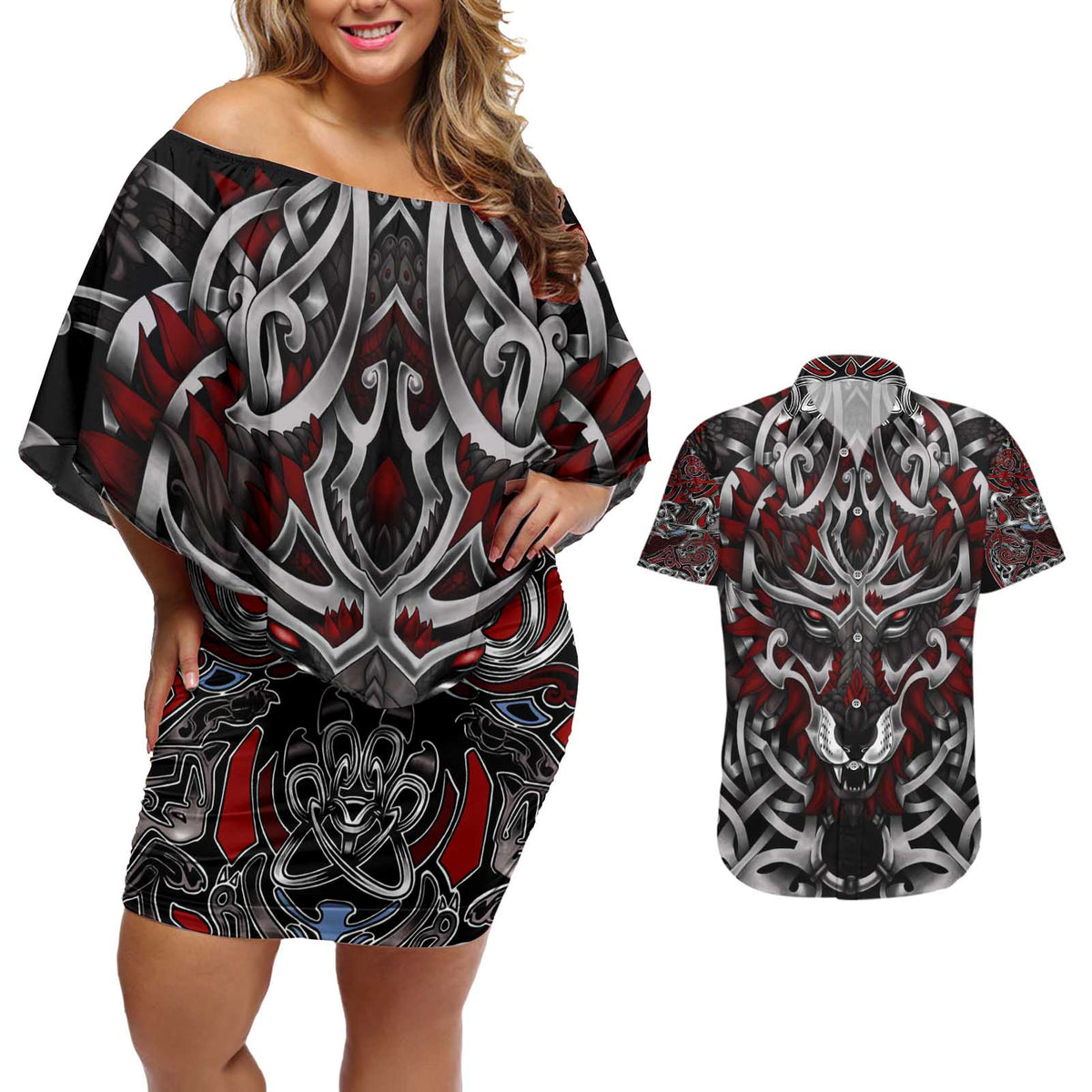 Celtic Wolf Fenrir Vikings Couples Matching Off Shoulder Short Dress and Hawaiian Shirt Norse Mythology - Wonder Print Shop