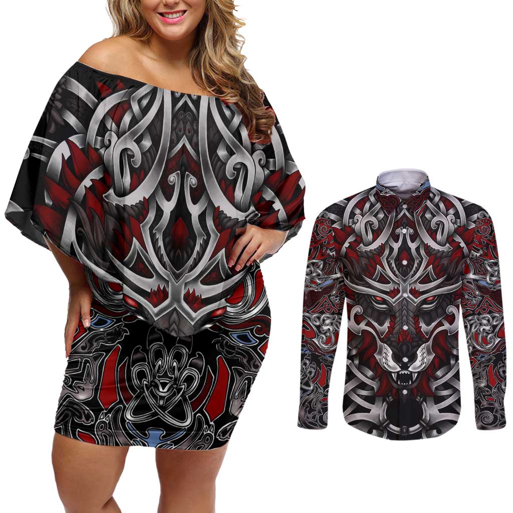 Celtic Wolf Fenrir Vikings Couples Matching Off Shoulder Short Dress and Long Sleeve Button Shirt Norse Mythology - Wonder Print Shop