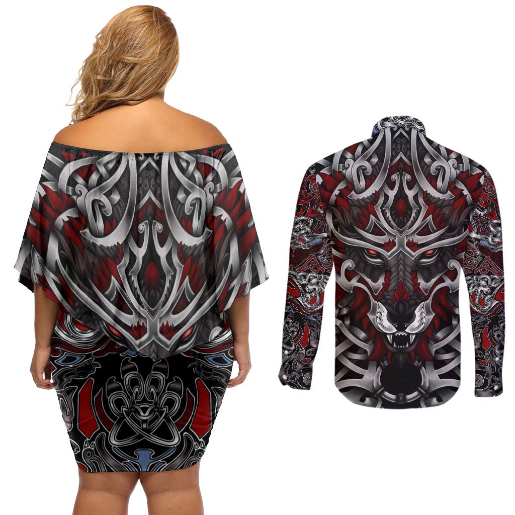 Celtic Wolf Fenrir Vikings Couples Matching Off Shoulder Short Dress and Long Sleeve Button Shirt Norse Mythology - Wonder Print Shop