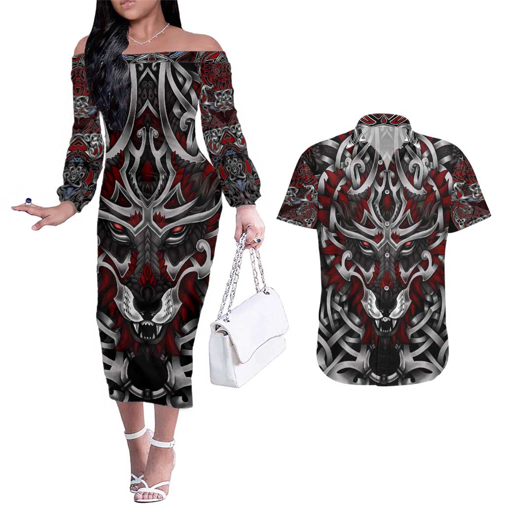 Celtic Wolf Fenrir Vikings Couples Matching Off The Shoulder Long Sleeve Dress and Hawaiian Shirt Norse Mythology - Wonder Print Shop