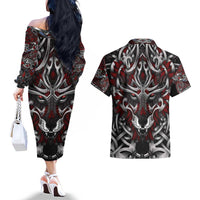 Celtic Wolf Fenrir Vikings Couples Matching Off The Shoulder Long Sleeve Dress and Hawaiian Shirt Norse Mythology - Wonder Print Shop