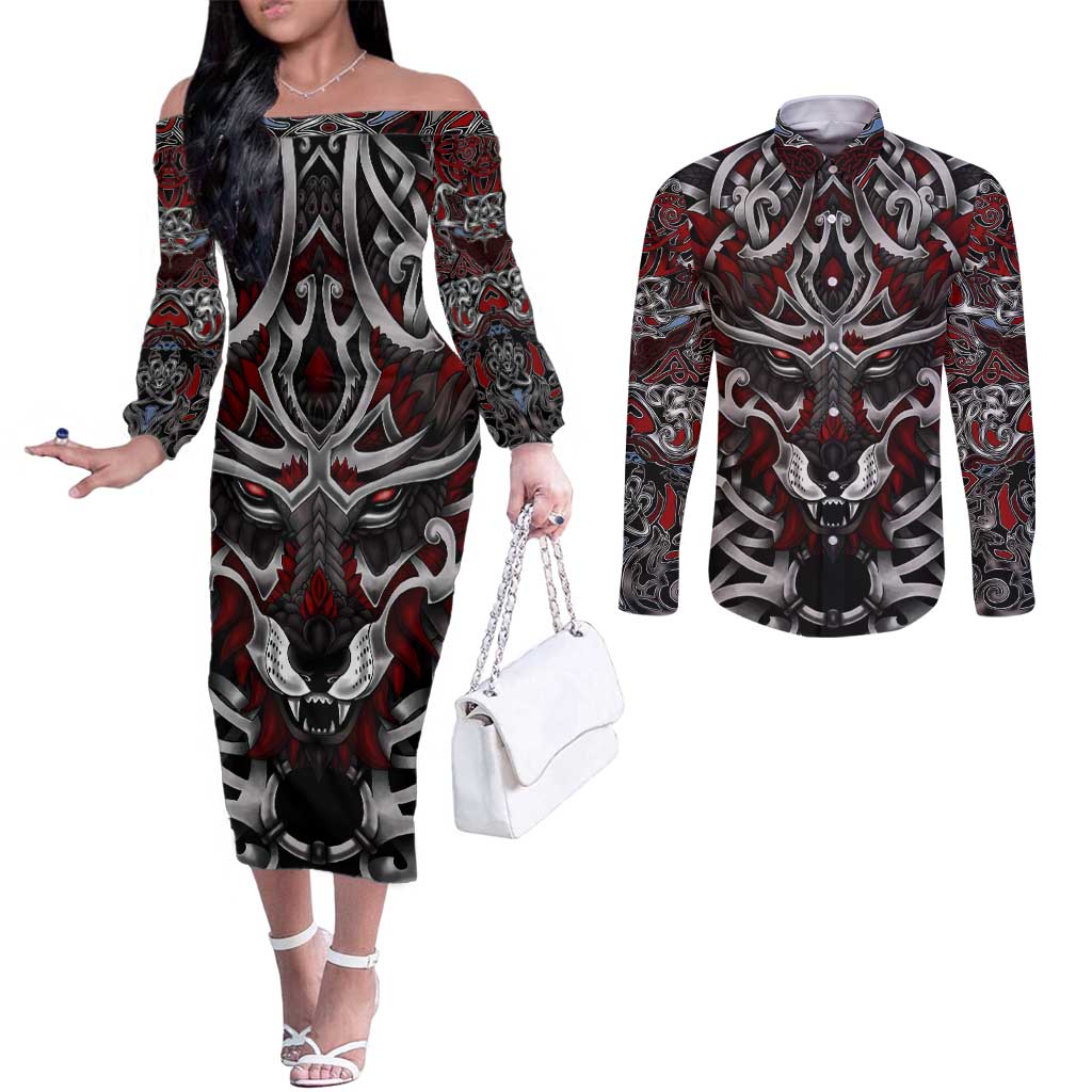 Celtic Wolf Fenrir Vikings Couples Matching Off The Shoulder Long Sleeve Dress and Long Sleeve Button Shirt Norse Mythology