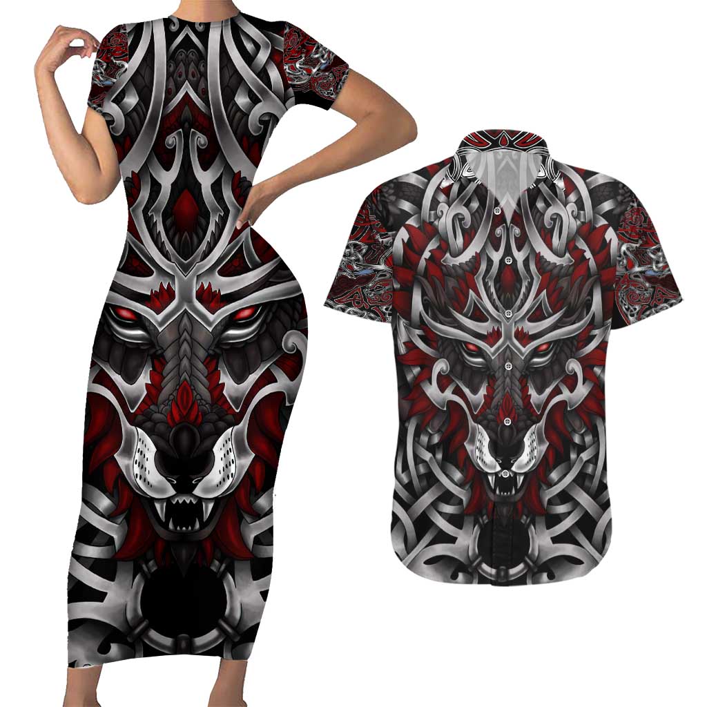 Celtic Wolf Fenrir Vikings Couples Matching Short Sleeve Bodycon Dress and Hawaiian Shirt Norse Mythology - Wonder Print Shop