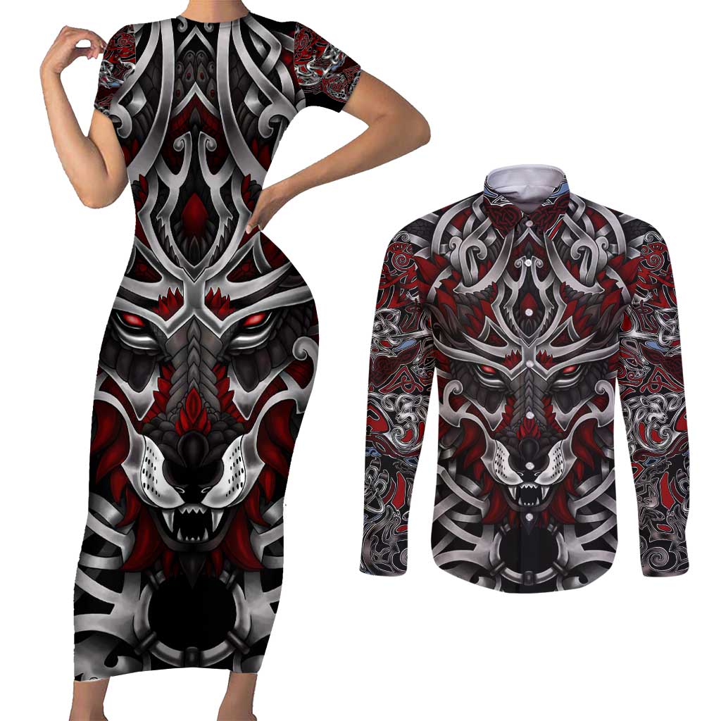 Celtic Wolf Fenrir Vikings Couples Matching Short Sleeve Bodycon Dress and Long Sleeve Button Shirt Norse Mythology - Wonder Print Shop