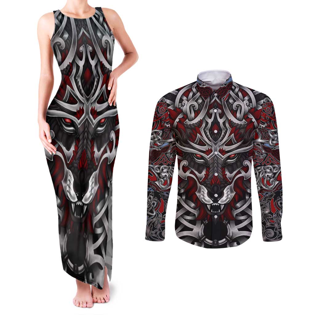 Celtic Wolf Fenrir Vikings Couples Matching Tank Maxi Dress and Long Sleeve Button Shirt Norse Mythology - Wonder Print Shop