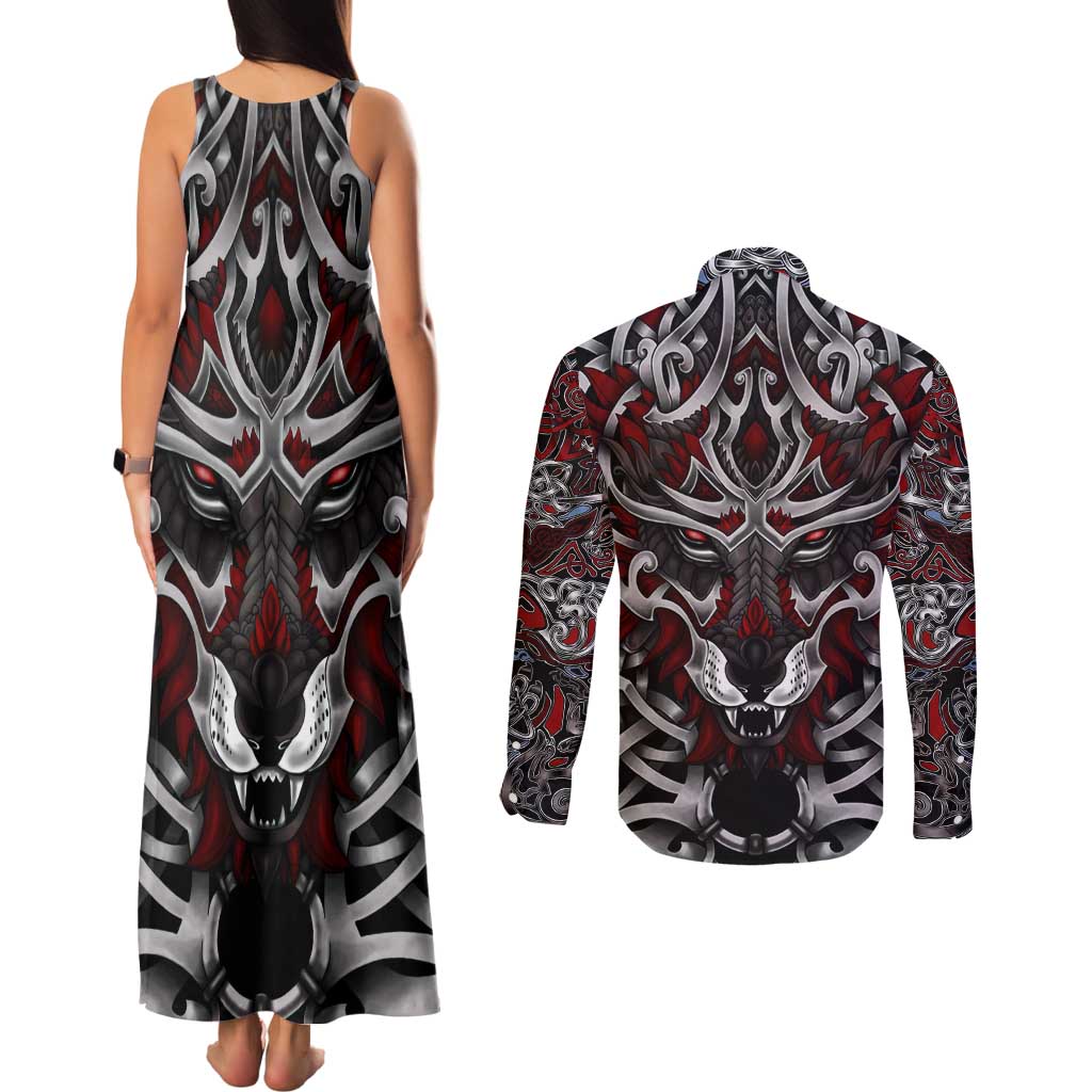 Celtic Wolf Fenrir Vikings Couples Matching Tank Maxi Dress and Long Sleeve Button Shirt Norse Mythology - Wonder Print Shop