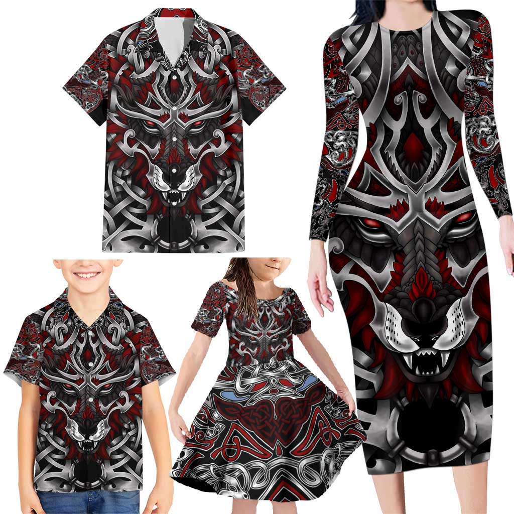 Celtic Wolf Fenrir Vikings Family Matching Long Sleeve Bodycon Dress and Hawaiian Shirt Norse Mythology - Wonder Print Shop