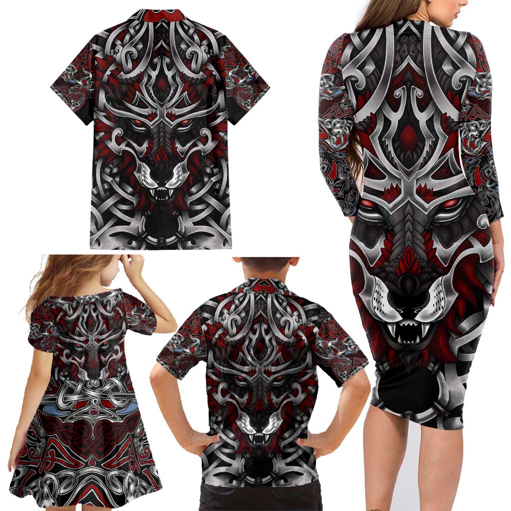 Celtic Wolf Fenrir Vikings Family Matching Long Sleeve Bodycon Dress and Hawaiian Shirt Norse Mythology - Wonder Print Shop