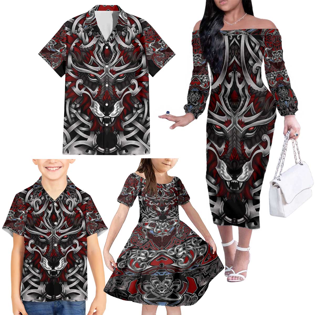 Celtic Wolf Fenrir Vikings Family Matching Off The Shoulder Long Sleeve Dress and Hawaiian Shirt Norse Mythology - Wonder Print Shop