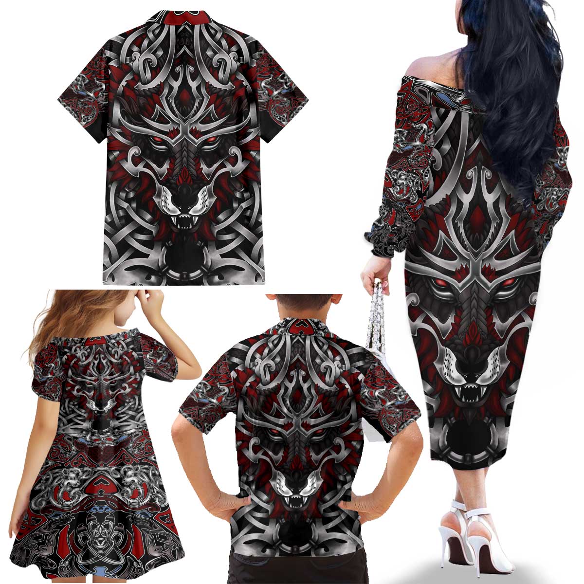 Celtic Wolf Fenrir Vikings Family Matching Off The Shoulder Long Sleeve Dress and Hawaiian Shirt Norse Mythology - Wonder Print Shop
