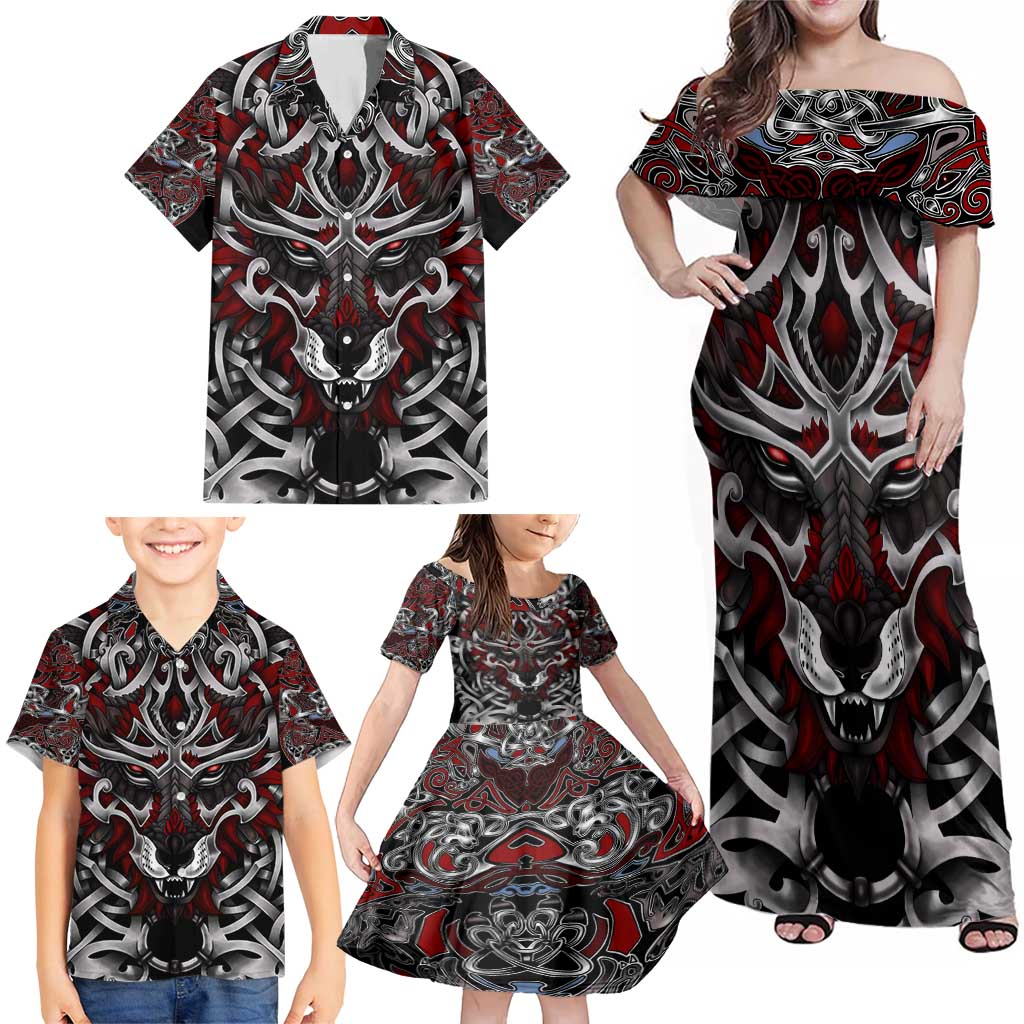 Celtic Wolf Fenrir Vikings Family Matching Off Shoulder Maxi Dress and Hawaiian Shirt Norse Mythology - Wonder Print Shop
