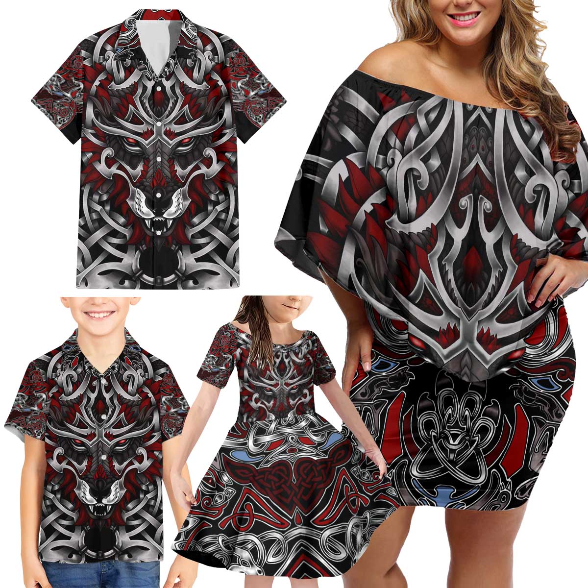 Celtic Wolf Fenrir Vikings Family Matching Off Shoulder Short Dress and Hawaiian Shirt Norse Mythology - Wonder Print Shop