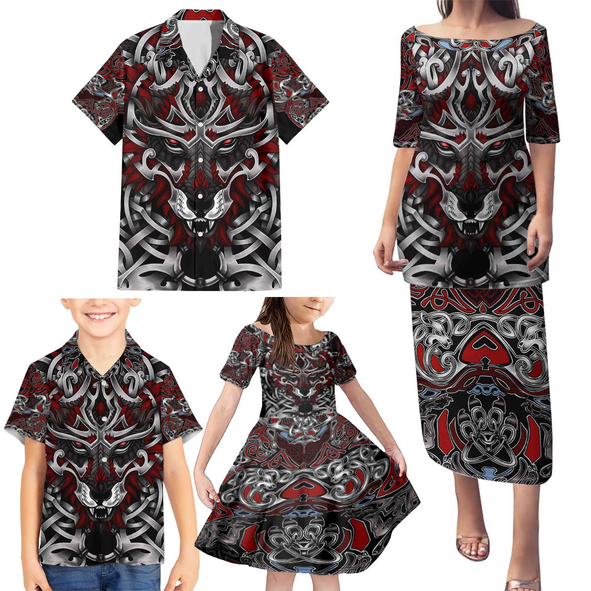 Celtic Wolf Fenrir Vikings Family Matching Puletasi and Hawaiian Shirt Norse Mythology - Wonder Print Shop