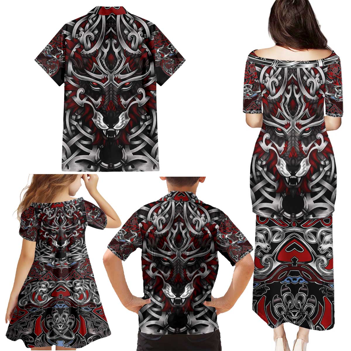 Celtic Wolf Fenrir Vikings Family Matching Puletasi and Hawaiian Shirt Norse Mythology - Wonder Print Shop