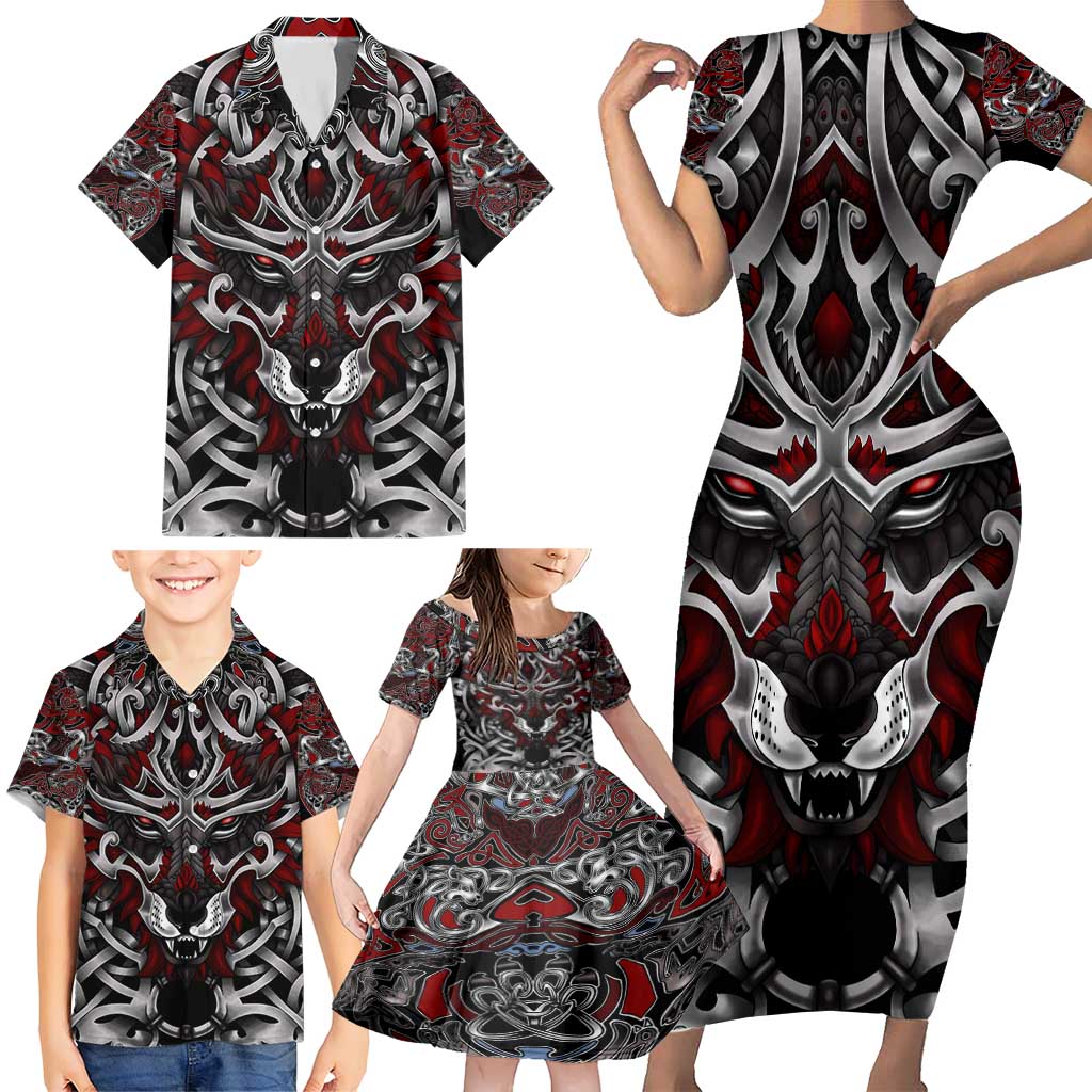 Celtic Wolf Fenrir Vikings Family Matching Short Sleeve Bodycon Dress and Hawaiian Shirt Norse Mythology - Wonder Print Shop
