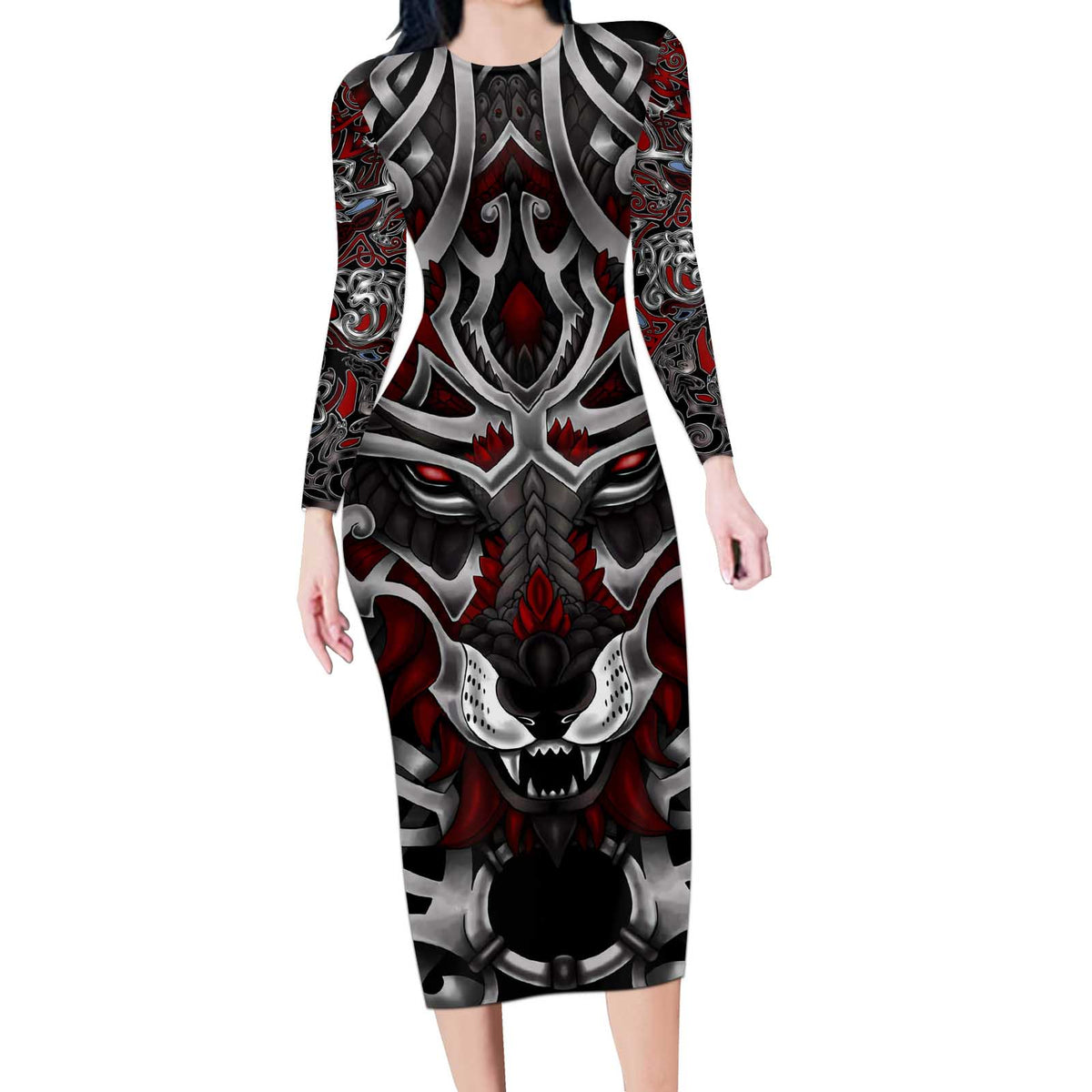 Celtic Wolf Fenrir Vikings Long Sleeve Bodycon Dress Norse Mythology - Wonder Print Shop