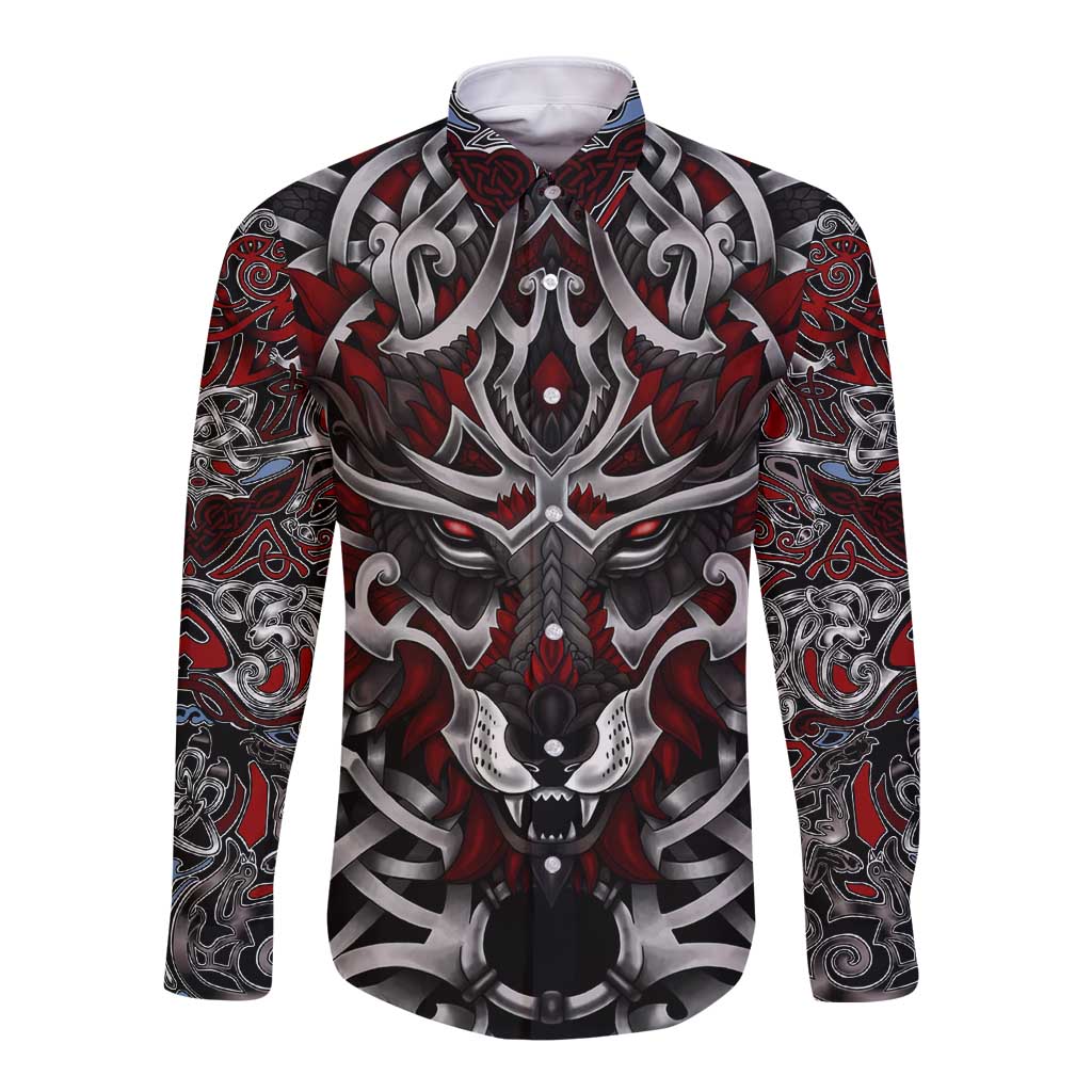 Celtic Wolf Fenrir Vikings Long Sleeve Button Shirt Norse Mythology - Wonder Print Shop