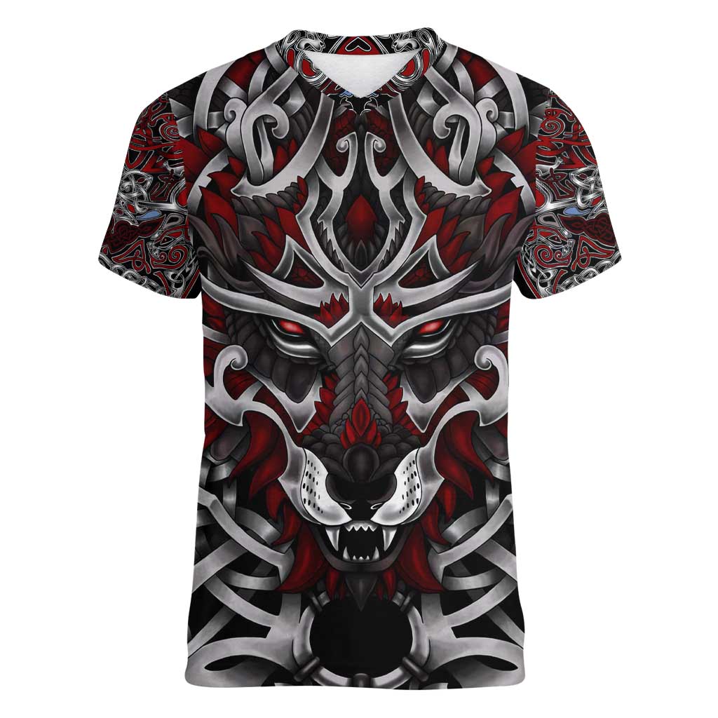 Celtic Wolf Fenrir Vikings Women V-Neck T-Shirt Norse Mythology - Wonder Print Shop