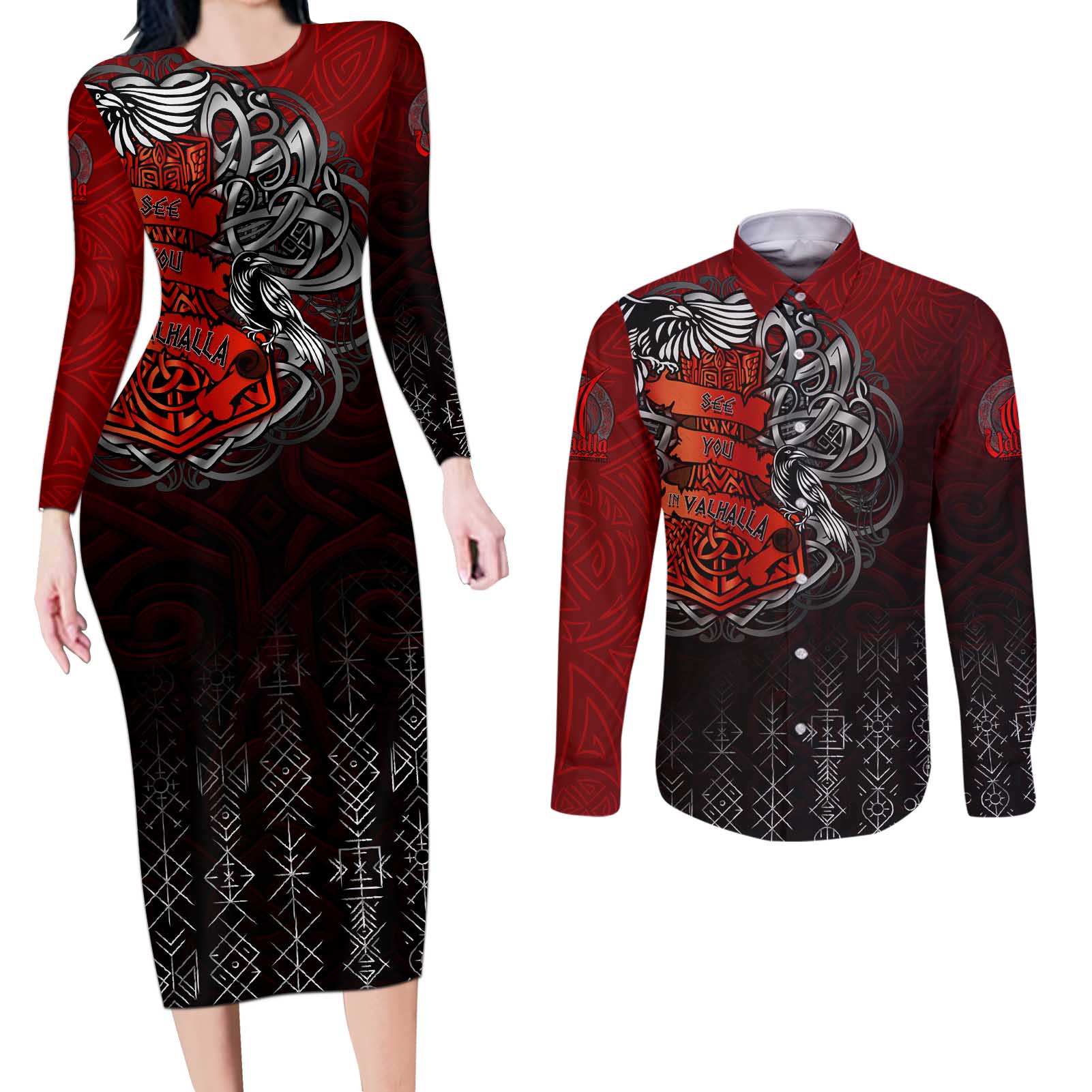 Victory Or Valhalla Couples Matching Long Sleeve Bodycon Dress and Long Sleeve Button Shirt Viking - Wonder Print Shop